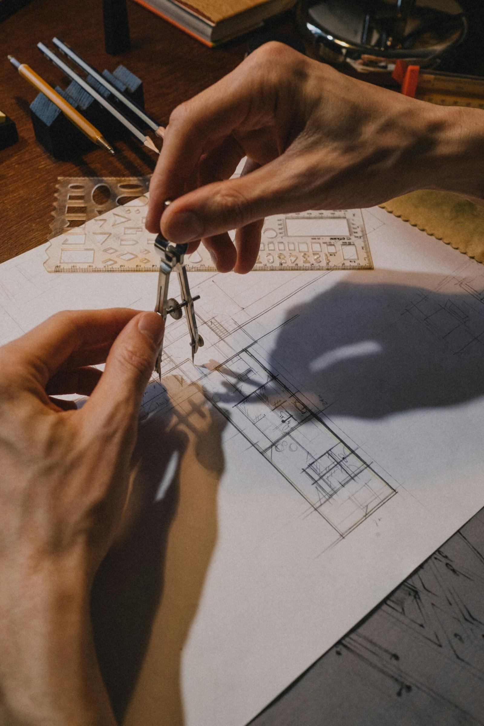 Detailed shot of hands using a compass on an architectural blueprint with drafting tools.